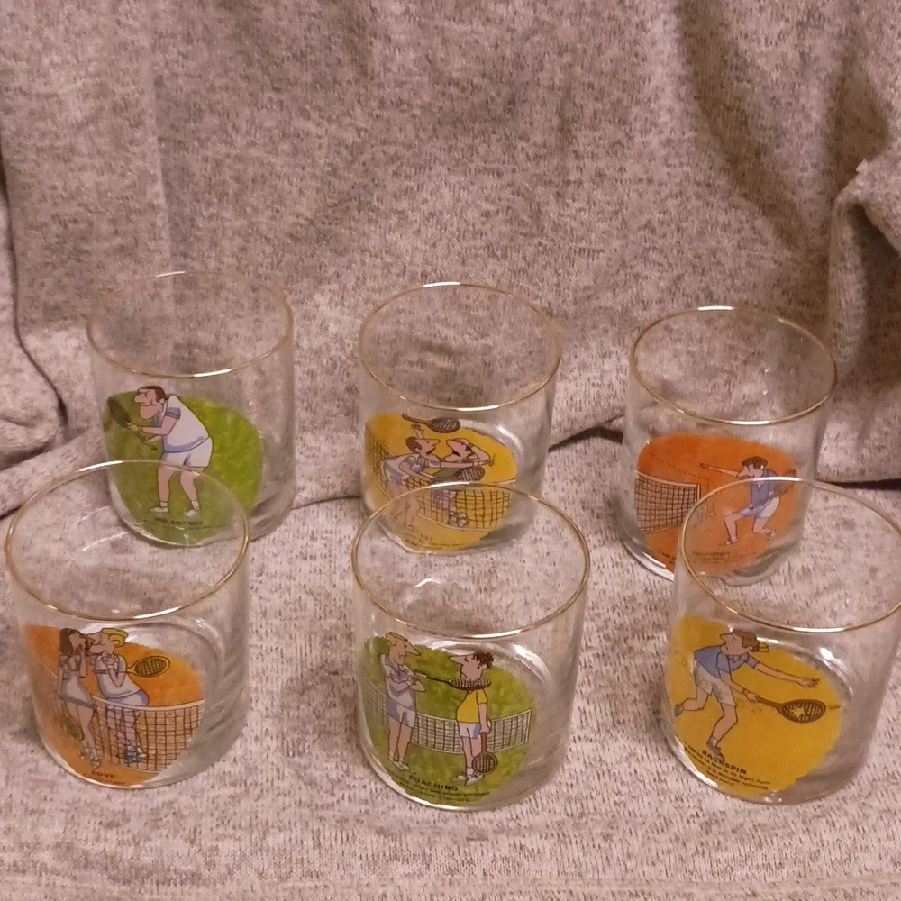 Vintage Carl Ashby Tennis Whiskey glasses Set of 6 NO CALL OUTS. Complete set!